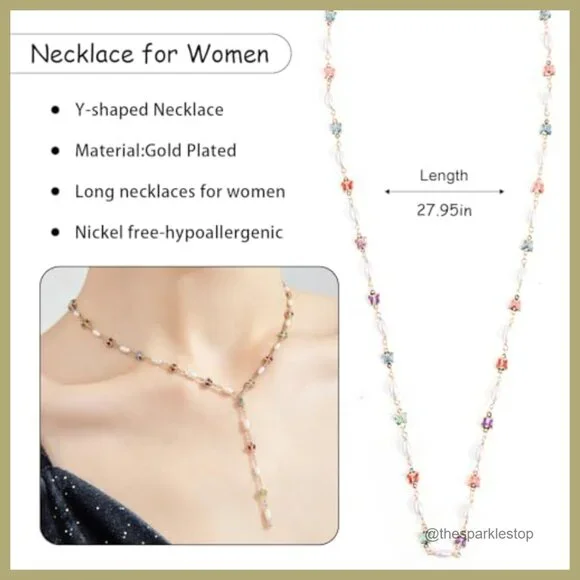 14K Gold Y-Shaped Necklace, Dainty Long Layered Chain Drop - Picture 2 of 7